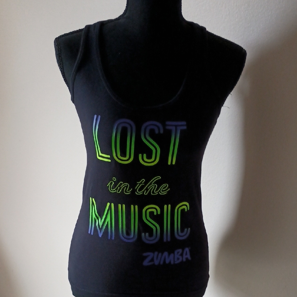 Zumba Fitness Black Tank Top with Neon Green and Purple Text